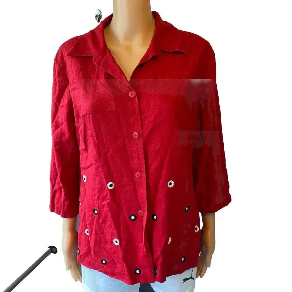 Richard Malcolm Red Embroidered Linen Blend Shirt Button Up 3/4 Sleeves size 12